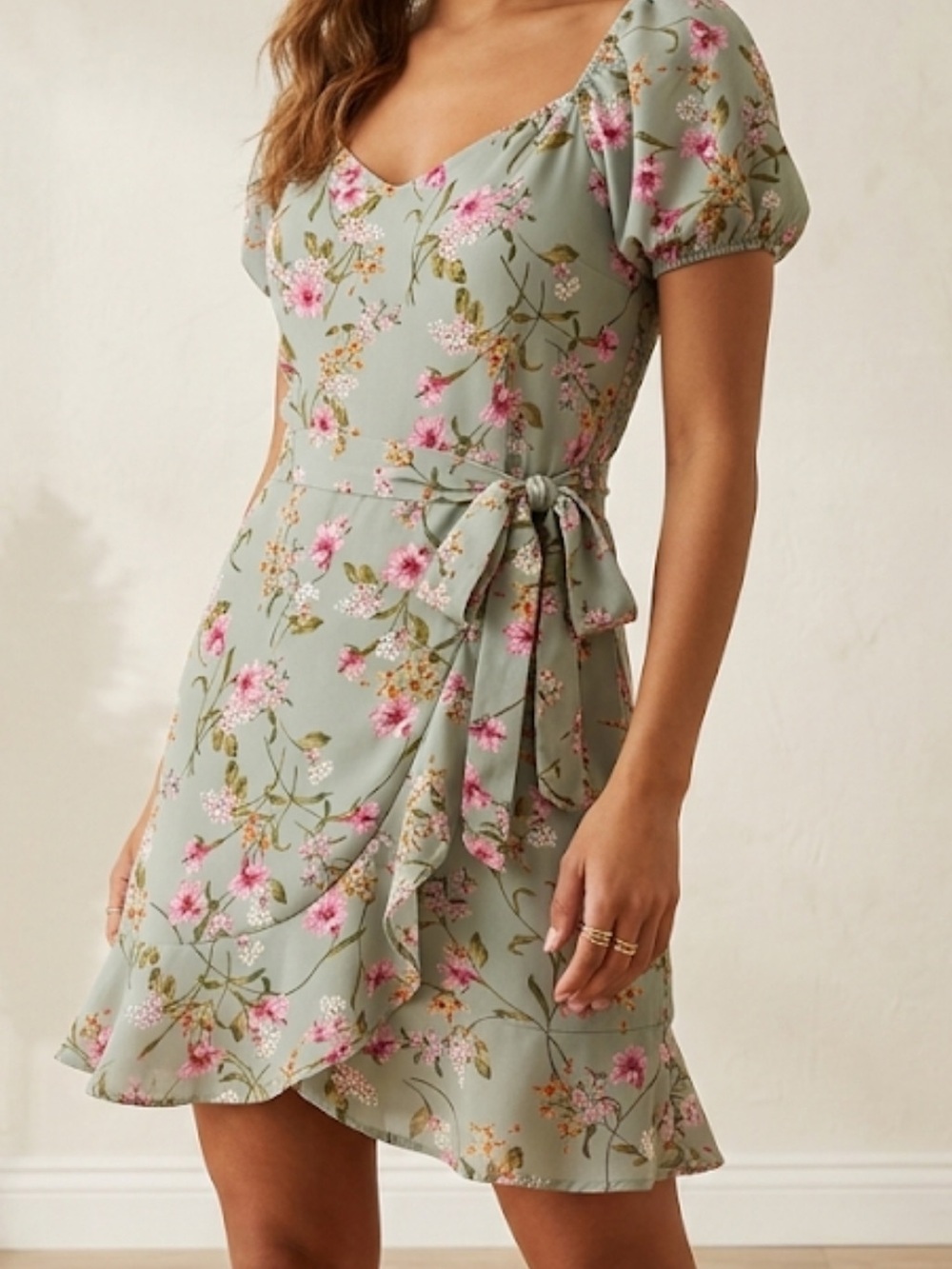 Lily Rose Floral Wrap Dress in Sage Green with Pink Blooms Size L